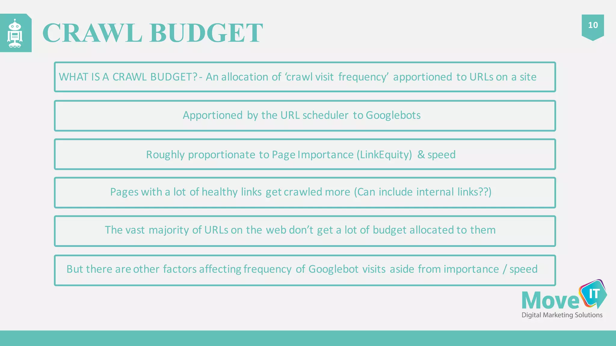 CRAWL BUDGET
10
Roughly	
  proportionate	
  to	
  Page	
  Importance	
  (LinkEquity)	
   &	
  speed
Pages	
  with	
  a	
  lot	
  of	
  healthy	
  links	
  get	
  crawled	
  more	
  (Can	
  include	
  internal	
  links??)
Apportioned	
  by	
  the	
  URL	
  scheduler	
  to	
  Googlebots
WHAT	
  IS	
  A	
  CRAWL	
  BUDGET?	
  -­‐ An	
  allocation	
  of	
  ‘crawl	
  visit	
  frequency’	
  apportioned	
  to	
  URLs	
  on	
  a	
  site
But	
  there	
  are	
  other	
  factors	
  affecting	
  frequency	
  of	
  Googlebot visits	
  aside	
  from	
  importance	
  /	
  speed
The	
  vast	
  majority	
  of	
  URLs	
  on	
  the	
  web	
  don’t	
  get	
  a	
  lot	
  of	
  budget	
  allocated	
  to	
  them
 