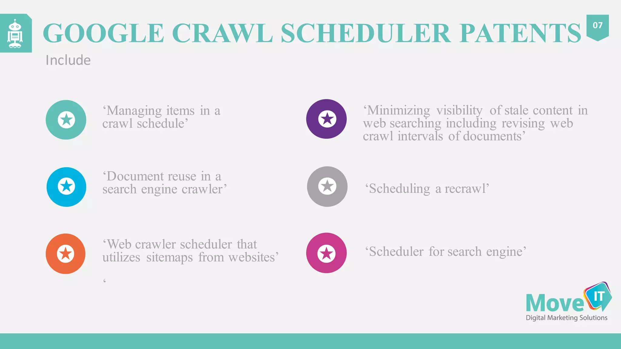 ‘Managing items in a
crawl schedule’
Include
07
GOOGLE CRAWL SCHEDULER PATENTS
‘Scheduling a recrawl’
‘Web crawler scheduler that
utilizes sitemaps from websites’
‘
‘Document reuse in a
search engine crawler’
‘Minimizing visibility of stale content in
web searching including revising web
crawl intervals of documents’
‘Scheduler for search engine’
 
