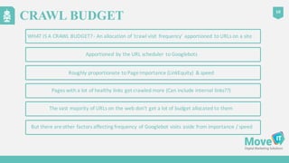 CRAWL BUDGET
10
Roughly	
  proportionate	
  to	
  Page	
  Importance	
  (LinkEquity)	
   &	
  speed
Pages	
  with	
  a	
  ...
