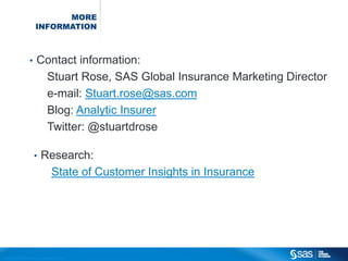 MORE
                                                INFORMATION



                                       •          Contact information:
                                                   Stuart Rose, SAS Global Insurance Marketing Director
                                                   e-mail: Stuart.rose@sas.com
                                                   Blog: Analytic Insurer
                                                   Twitter: @stuartdrose

                                              •         Research:
                                                         State of Customer Insights in Insurance




C op yr i g h t © 2 0 1 2 , S A S I n s t i t u t e I n c . A l l r i g h t s r es er v e d .
 