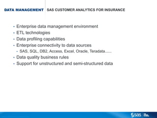 DATA MANAGEMENT SAS CUSTOMER ANALYTICS FOR INSURANCE



                                       •          Enterprise data management environment
                                       •          ETL technologies
                                       •          Data profiling capabilities
                                       •          Enterprise connectivity to data sources
                                                  •          SAS, SQL, DB2, Access, Excel, Oracle, Teradata......
                                       •          Data quality business rules
                                       •          Support for unstructured and semi-structured data




C op yr i g h t © 2 0 1 2 , S A S I n s t i t u t e I n c . A l l r i g h t s r es er v e d .
 