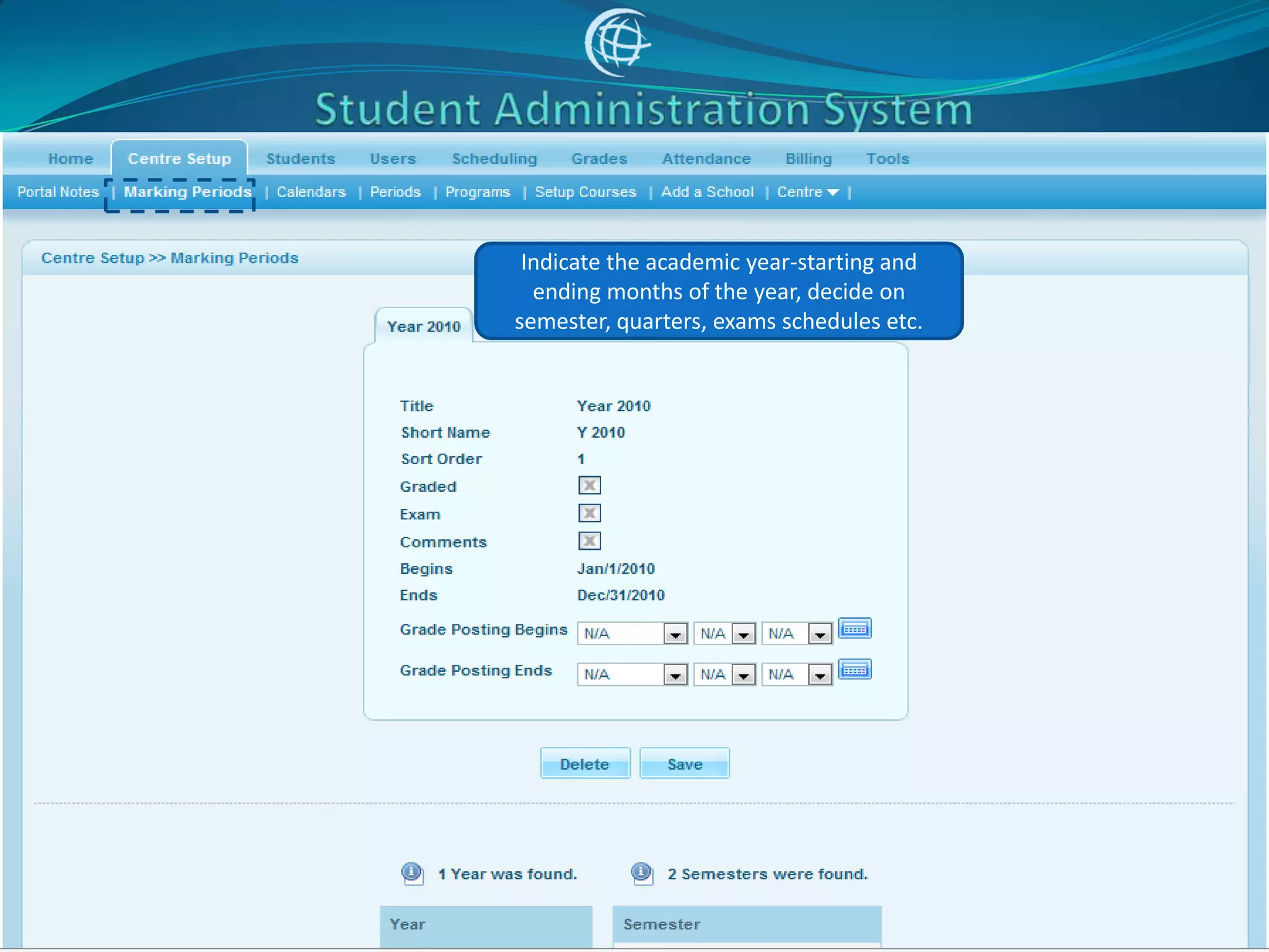 Indicate the academic year-starting and
  ending months of the year, decide on
semester, quarters, exams schedules etc.
 