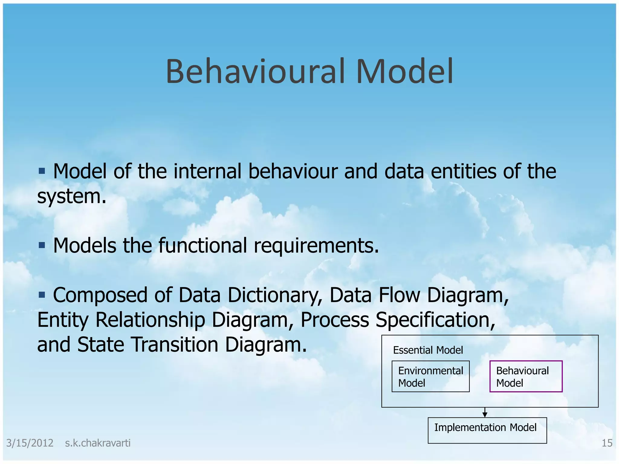Behavioural Model  Model of the internal behaviour and data entities of the system.  Models the functional requirements.  Composed of Data Dictionary, Data Flow Diagram, Entity Relationship Diagram, Process Specification, and State Transition Diagram. Essential Model Environmental Behavioural Model Model Implementation Model 3/15/2012 s.k.chakravarti 15 