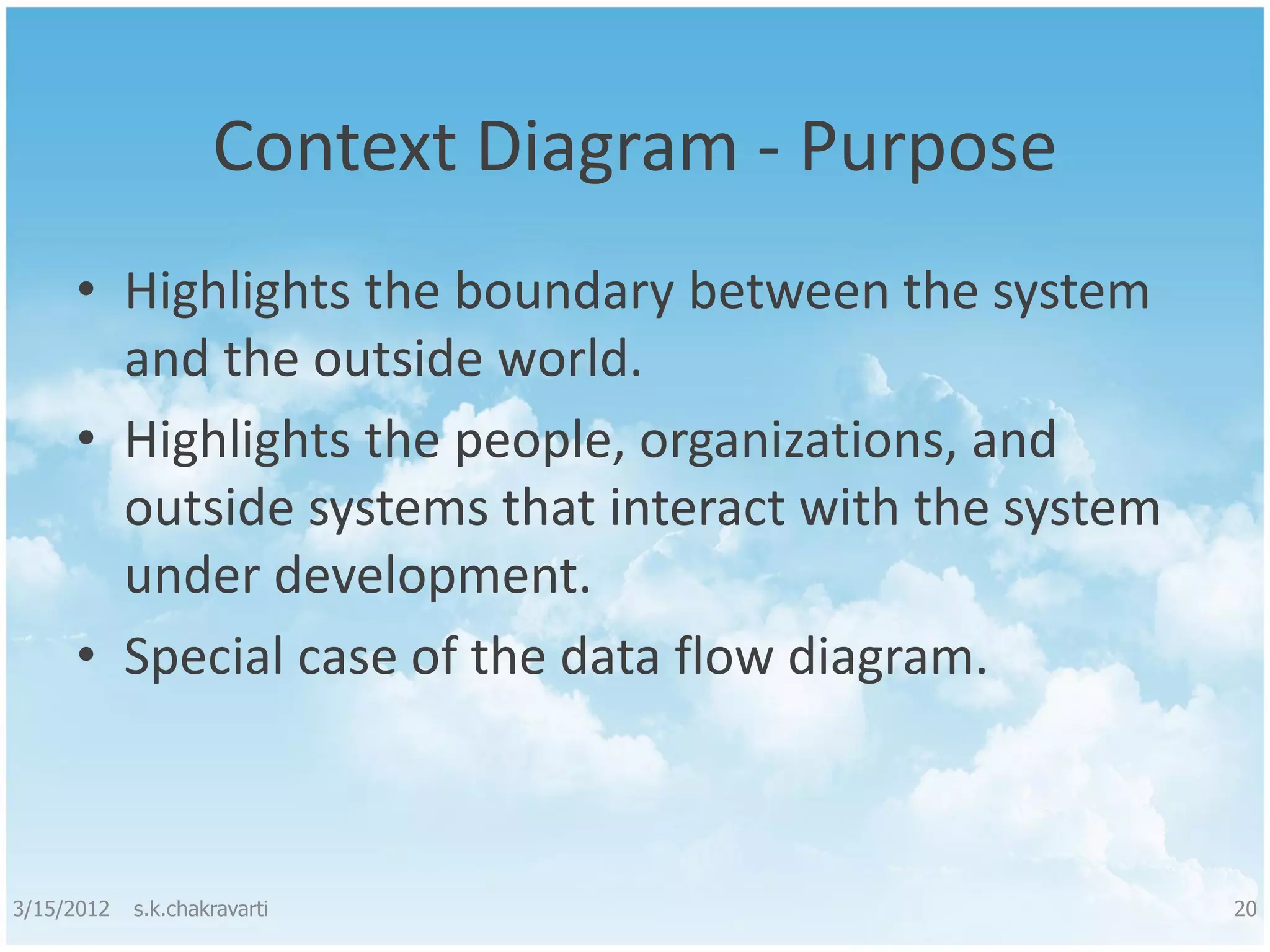 Context Diagram - Purpose • Highlights the boundary between the system and the outside world. • Highlights the people, organizations, and outside systems that interact with the system under development. • Special case of the data flow diagram. 3/15/2012 s.k.chakravarti 20 