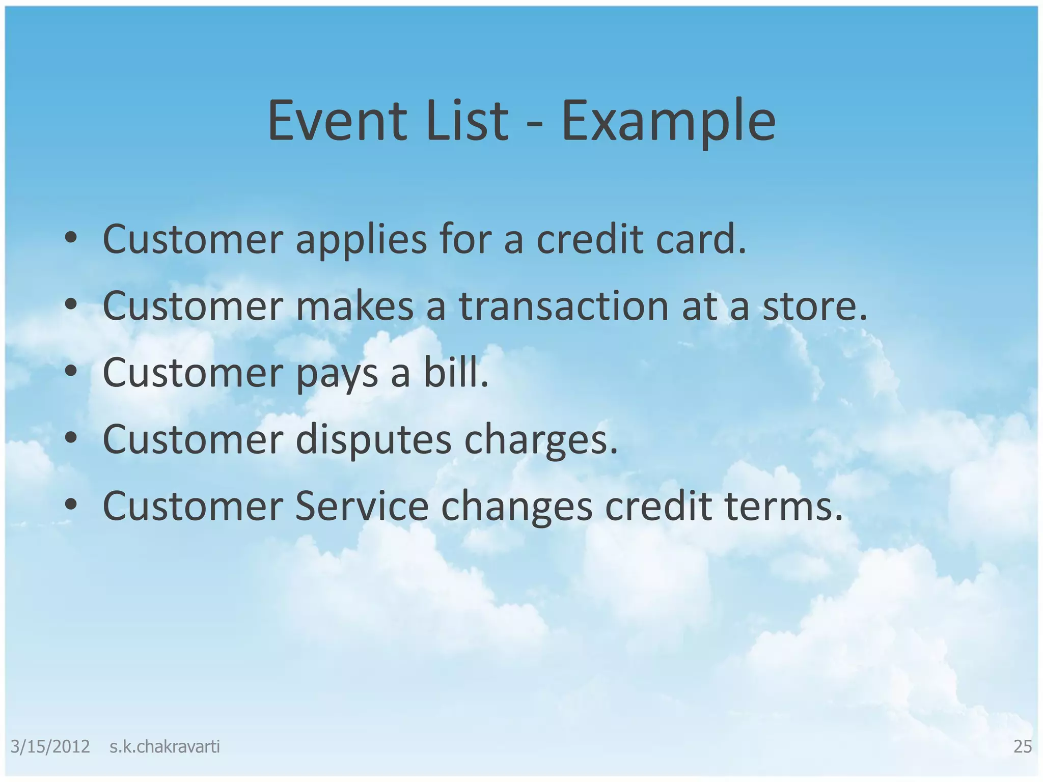 Event List - Example • Customer applies for a credit card. • Customer makes a transaction at a store. • Customer pays a bill. • Customer disputes charges. • Customer Service changes credit terms. 3/15/2012 s.k.chakravarti 25 