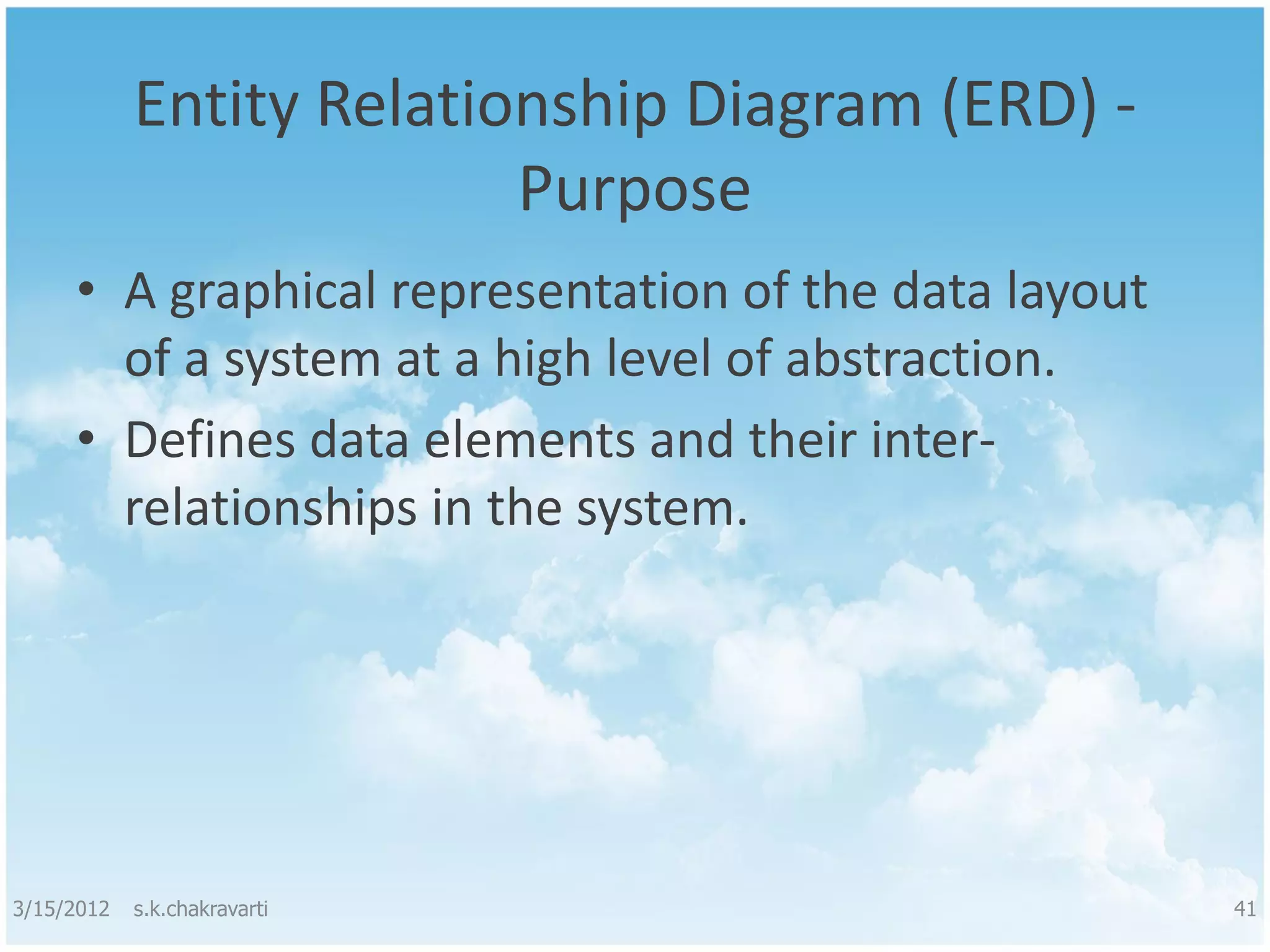 Entity Relationship Diagram (ERD) - Purpose • A graphical representation of the data layout of a system at a high level of abstraction. • Defines data elements and their inter- relationships in the system. 3/15/2012 s.k.chakravarti 41 