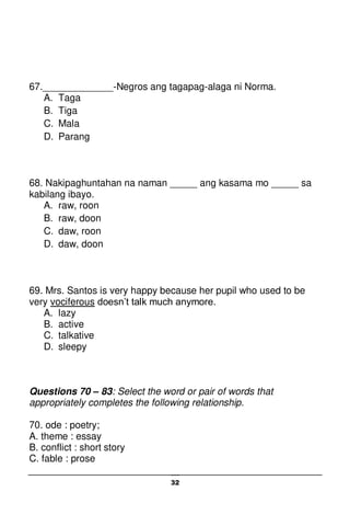32
67._____________-Negros ang tagapag-alaga ni Norma.
A. Taga
B. Tiga
C. Mala
D. Parang
68. Nakipaghuntahan na naman _____ ang kasama mo _____ sa
kabilang ibayo.
A. raw, roon
B. raw, doon
C. daw, roon
D. daw, doon
69. Mrs. Santos is very happy because her pupil who used to be
very vociferous doesn’t talk much anymore.
A. lazy
B. active
C. talkative
D. sleepy
Questions 70 – 83: Select the word or pair of words that
appropriately completes the following relationship.
70. ode : poetry;
A. theme : essay
B. conflict : short story
C. fable : prose
 