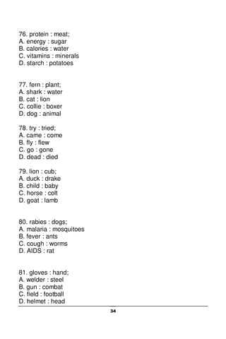 34
76. protein : meat;
A. energy : sugar
B. calories : water
C. vitamins : minerals
D. starch : potatoes
77. fern : plant;
A. shark : water
B. cat : lion
C. collie : boxer
D. dog : animal
78. try : tried;
A. came : come
B. fly : flew
C. go : gone
D. dead : died
79. lion : cub;
A. duck : drake
B. child : baby
C. horse : colt
D. goat : lamb
80. rabies : dogs;
A. malaria : mosquitoes
B. fever : ants
C. cough : worms
D. AIDS : rat
81. gloves : hand;
A. welder : steel
B. gun : combat
C. field : football
D. helmet : head
 