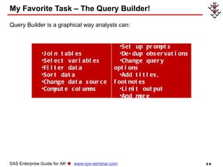 My Favorite Task – The Query Builder! Query Builder is a graphical way analysts can: SAS Enterprise Guide for All!     www.sys-seminar.com Join tables Select variables Filter data Sort data Change data source Compute columns Set up prompts De-dup observations Change query options Add titles, footnotes Limit output And more 