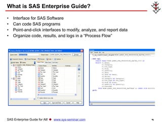 Interface for SAS Software Can code SAS programs Point-and-click interfaces to modify, analyze, and report data  Organize code, results, and logs in a “Process Flow” What is SAS Enterprise Guide? SAS Enterprise Guide for All!     www.sys-seminar.com 