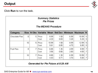 Output Click  Run  to run the task. SAS Enterprise Guide for All!     www.sys-seminar.com 
