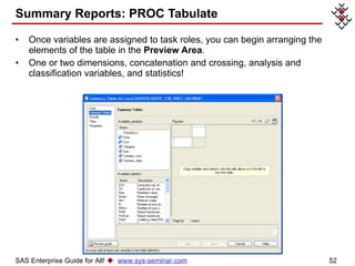 Summary Reports: PROC Tabulate Once variables are assigned to task roles, you can begin arranging the elements of the table in the  Preview Area . One or two dimensions, concatenation and crossing, analysis and classification variables, and statistics!  SAS Enterprise Guide for All!     www.sys-seminar.com 