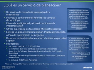 Packaged Services* respalda
                                                                  la reducción de los costos de
                                                                  administración de programas
                                                                  para la implementación de
                                                                  PCs de escritorio en un 36%.

                                                                    Notas del producto de IDC:
                                                                   Cómo maximizar su inversión
                                                                      en software Microsoft
                                                                     Lea el informe completo
                                                                             (en Ingles)




                                                                  El servicio demostró su valor
                                                                  ya que ahorramos tiempo y
                                                                  dinero en la primera fase de
                                                                  implementación de Microsoft
                                                                  Office, de la cual estuvo a
                                                                  cargo únicamente el gerente
                                                                  del escritorio.

                                                                     Shiran Herath, Gerente de TI,
                                                                                     McGrathNicol
               partners certificados o Servicios de Consultoría      Lea la historia completa
de Microsoft                                                                (en Ingles)
 