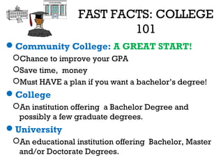 FAST FACTS: COLLEGE
101
Community College: A GREAT START!
Chance to improve your GPA
Save time, money
Must HAVE a plan if you want a bachelor’s degree!

College
An institution offering a Bachelor Degree and
possibly a few graduate degrees.

University
An educational institution offering Bachelor, Master
and/or Doctorate Degrees.

 