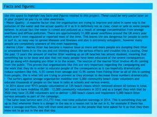 Facts and figures:
Use this space to highlight key facts and figures related to this project. These could be very useful later on
in your project as you try to raise awareness.
• Water Quality – A massive factor that the organisation are trying to improve and solve in some way is the
pollution of the water and the actual quality of it as it is definitely not as clear, clean or safe as some people
believe. In actual fact the water is ruined and polluted as a result of sewage contamination from sewage
overflows and diffuse pollution. There are approximately 31,000 sewer overflows around the UK every year
which aren’t even regulated or reported most of the time. This leaves the sea dangerous for people to swim
or surf in, an easy way to spread diseases and illnesses and also is extremely unhygienic, however many
people are completely unaware of this even happening.
• Marine Litter – Marine litter has become a massive issue as more and more people are dumping their litter
or unwanted items in to the sea and not thinking about the serious effects and troubles this is causing. Over
the past 15 years the amount of marine litter washing up on UK beaches has almost doubled, meaning that
something has to be done and also that not many people have been educated of the severe consequences
that go along with dumping you litter in to the ocean. The sources of the marine litter involve 40.4% coming
from the public. This proves that organisations like this are very important regarding the campaigning and
the work that they do in order to educate people of the consequences as it can hopefully dramatically
reduce numbers like this. 4.5% comes from sewage and 13.9% comes from fishing litter so all of this is coming
from people, this is what SAS are trying to prevent as they attempt to decrease these numbers dramatically.
• The surfers against sewage organisation mobilise over 5,000 community beach clean volunteers and
educate thousands of people on the issue in talks at schools and various events.
• In 2014 alone over 9715 people volunteered at 335 beach cleans which removed almost 60 tonnes in total.
SAS want to have mobilise 10,000 – 12,000 community volunteers in 2015 and as a target they wish that by
2020 they have 25,000 volunteers and to deliver 1,000 beach cleans and implement 5,000 beach litter
surveys annually as part of the campaign.
• The Safer Seas Service sent 212,772 free, real-time pollution warnings in 2014. This is something they set
up so that whenever there is a danger in the sea or a reason not to be out in it, for example if there has
been a sewage overflow, they will then send alerts out to the people that have asked for it so that they then
know not to go out in the sea that day.
 