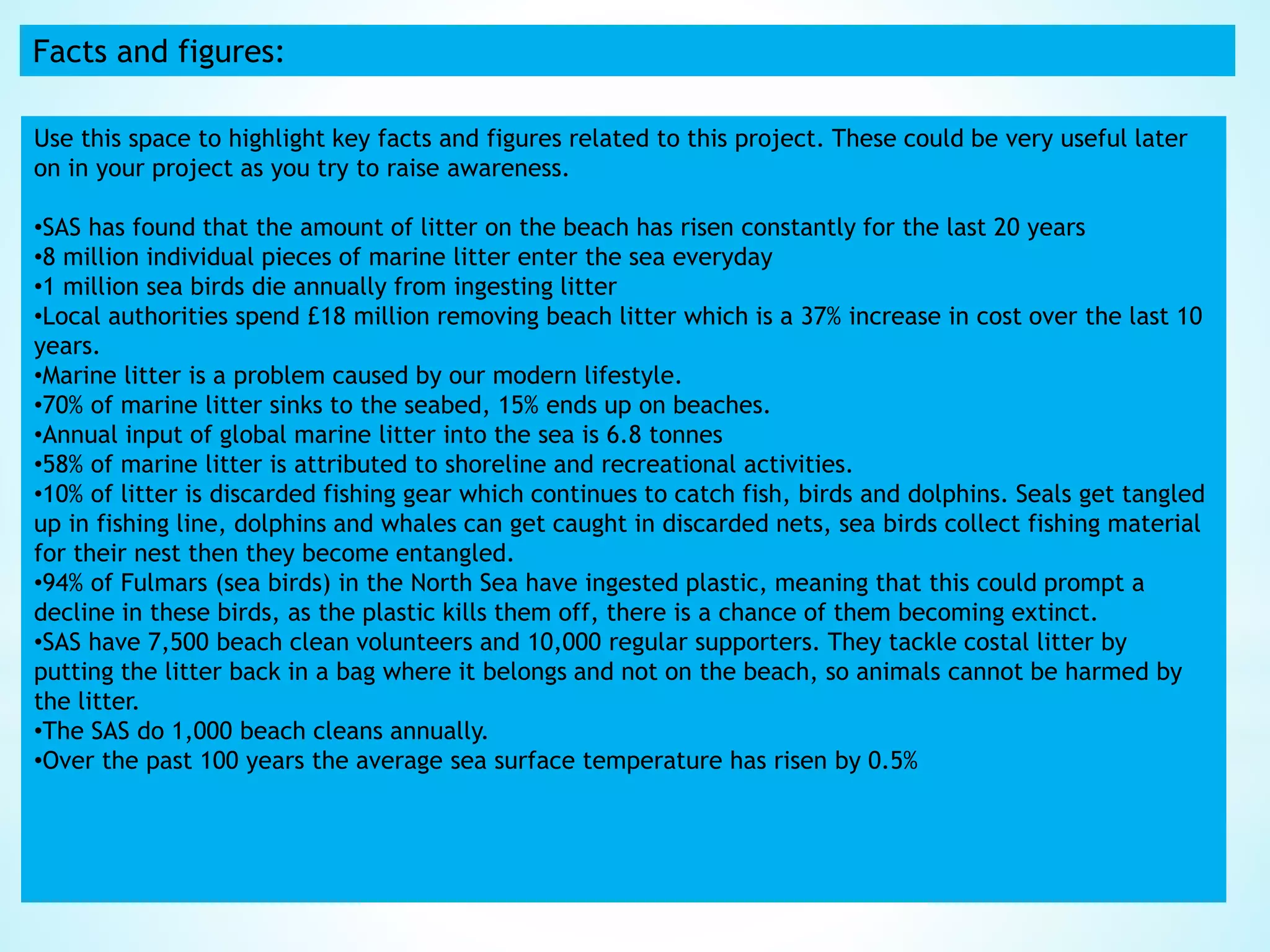 Facts and figures:
Use this space to highlight key facts and figures related to this project. These could be very useful later
on in your project as you try to raise awareness.
•SAS has found that the amount of litter on the beach has risen constantly for the last 20 years
•8 million individual pieces of marine litter enter the sea everyday
•1 million sea birds die annually from ingesting litter
•Local authorities spend £18 million removing beach litter which is a 37% increase in cost over the last 10
years.
•Marine litter is a problem caused by our modern lifestyle.
•70% of marine litter sinks to the seabed, 15% ends up on beaches.
•Annual input of global marine litter into the sea is 6.8 tonnes
•58% of marine litter is attributed to shoreline and recreational activities.
•10% of litter is discarded fishing gear which continues to catch fish, birds and dolphins. Seals get tangled
up in fishing line, dolphins and whales can get caught in discarded nets, sea birds collect fishing material
for their nest then they become entangled.
•94% of Fulmars (sea birds) in the North Sea have ingested plastic, meaning that this could prompt a
decline in these birds, as the plastic kills them off, there is a chance of them becoming extinct.
•SAS have 7,500 beach clean volunteers and 10,000 regular supporters. They tackle costal litter by
putting the litter back in a bag where it belongs and not on the beach, so animals cannot be harmed by
the litter.
•The SAS do 1,000 beach cleans annually.
•Over the past 100 years the average sea surface temperature has risen by 0.5%
 