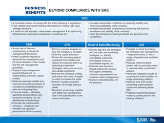 BUSINESS
                                                                                    BEYOND COMPLIANCE WITH SAS
                                                                           BENEFITS
                                                                                                                                CEO
                               A complete solution to comply with the entire Solvency II regulations                                  Increase shareholder confidence by reducing volatility and
                               Fast, reliable and forward looking information for making high value                                    improving profitability of the company
                                strategic decisions                                                                                    Increase policyholder confidence by improving the financial
                               A basis for risk adjusted / value based management & for optimizing                                     soundness and stability of the company
                                decisions like reinsurance programs or investment mix                                                  Grow the company by making products and services more
                                                                                                                                        competitive


                                                                              CRO                             CFO                     Head of Sales/Marketing                              CIO
                               Avoids risk of failure in                                        Perform complex analysis on                                                 Provides a robust technology
                                                                                                                                       Directly align the risk strategies
                                implementing a robust risk                                        how the company is invested                                                  for enterprise risk management
                                                                                                                                        with the sales and marketing
                                management framework                                             Optimize capital allocation                                                  – beyond Solvency II, with a
                                                                                                                                        strategies, i.e. identify
                               Meets qualitative regulatory                                     Protect the company against                                                  single, integrated and auditable
                                                                                                                                        unprofitable customers,
                                demands like transparency and                                     unwanted future losses and                                                   platform
                                                                                                                                        unprofitable products,
                                full documentation of the models                                  realize the expected return by                                              Reduces implementation
                                                                                                                                        unprofitable regions, etc.
                                and the risk management                                           optimizing investment                                                        project risks by providing ready
                                                                                                                                       Optimize new business
                                processes                                                         strategies, taking into account                                              to use and easily customized
                                                                                                                                        targets, taking into account
                               Supports risk management                                          risk-capital constraints                                                     solution
                                                                                                                                        risk-capital constraints,
                                beyond Solvency II, i.e.                                         Improve the company‘s rating                                                Removes integration issues by
                                                                                                                                        customer segmentation and
                                implementing economic capital                                     and reduce the costs of capital                                              providing the entire solution on
                                                                                                                                        customer value management
                                models                                                            in order to increase the profit                                              single technology platform
                                                                                                                                       Improve competitiveness off
                               Reduces earnings volatility and                                  Perform market-consistent                                                   Reduces time and cost by
                                                                                                                                        the products
                                improves financial soundness of                                   valuation of the total balance                                               shortening implementation
                                company by anticipating future                                    sheet                                                                        cycles and delivering faster
                                risks and mitigating them                                        Reduction of earnings volatility                                             ROI
                               Prevents losses – identifies,                                     with better risk management                                                 Protects investments already
                                quantifies and prioritizes risks                                  due to the quantification of the                                             made by building around the
                                facing the company (via risk                                      various risk types                                                           existing solutions
                                dashboards and reporting)
                               Promote risk culture within
                                company – measures and
                                monitors risk adjusted
                                performance of the company



C op yr i g h t © 2 0 1 2 , S A S I n s t i t u t e I n c . A l l r i g h t s r es er v e d .
 