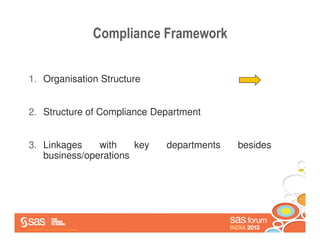 Compliance Framework


 1. Organisation Structure


 2. Structure of Compliance Department


 3. Linkages    with    key                                            departments   besides
    business/operations




Copyright © 2013 , SAS Institute Inc. All rights reserved.
 