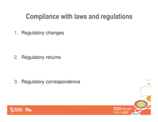Compliance with laws and regulations

 1. Regulatory changes




 2. Regulatory returns




 3. Regulatory correspondence




Copyright © 2013 , SAS Institute Inc. All rights reserved.
 