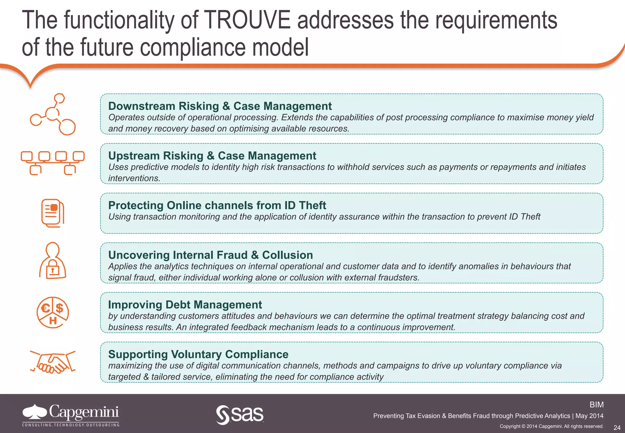 24
BIM
Copyright © 2014 Capgemini. All rights reserved.
Preventing Tax Evasion & Benefits Fraud through Predictive Analytics | May 2014
The functionality of TROUVE addresses the requirements
of the future compliance model
Downstream Risking & Case Management
Operates outside of operational processing. Extends the capabilities of post processing compliance to maximise money yield
and money recovery based on optimising available resources.
Upstream Risking & Case Management
Uses predictive models to identity high risk transactions to withhold services such as payments or repayments and initiates
interventions.
Protecting Online channels from ID Theft
Using transaction monitoring and the application of identity assurance within the transaction to prevent ID Theft
Uncovering Internal Fraud & Collusion
Applies the analytics techniques on internal operational and customer data and to identify anomalies in behaviours that
signal fraud, either individual working alone or collusion with external fraudsters.
Improving Debt Management
by understanding customers attitudes and behaviours we can determine the optimal treatment strategy balancing cost and
business results. An integrated feedback mechanism leads to a continuous improvement.
Supporting Voluntary Compliance
maximizing the use of digital communication channels, methods and campaigns to drive up voluntary compliance via
targeted & tailored service, eliminating the need for compliance activity
 