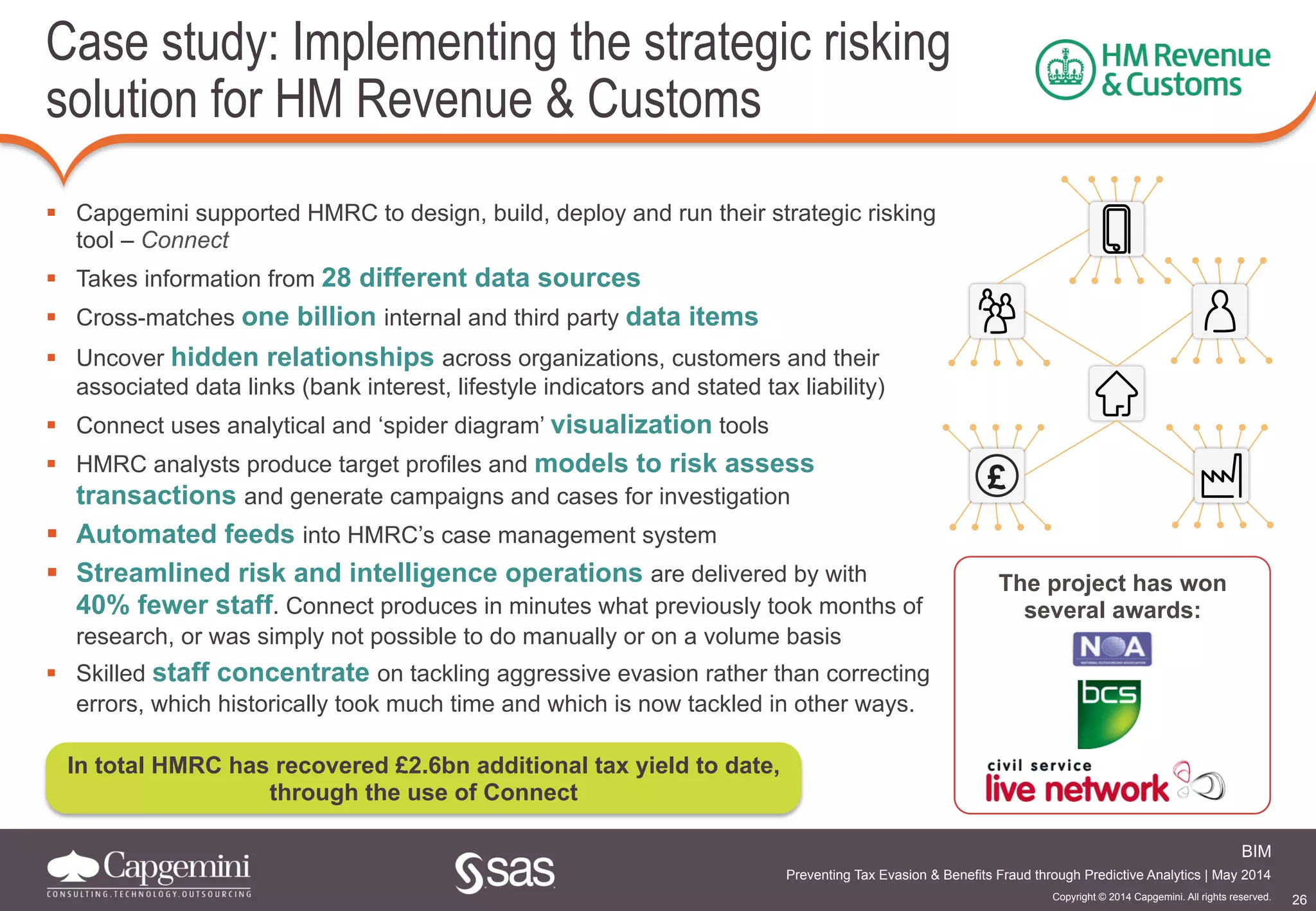 26
BIM
Copyright © 2014 Capgemini. All rights reserved.
Preventing Tax Evasion & Benefits Fraud through Predictive Analytics | May 2014
Case study: Implementing the strategic risking
solution for HM Revenue & Customs
!  Capgemini supported HMRC to design, build, deploy and run their strategic risking
tool – Connect
!  Takes information from 28 different data sources
!  Cross-matches one billion internal and third party data items
!  Uncover hidden relationships across organizations, customers and their
associated data links (bank interest, lifestyle indicators and stated tax liability)
!  Connect uses analytical and ‘spider diagram’ visualization tools
!  HMRC analysts produce target profiles and models to risk assess
transactions and generate campaigns and cases for investigation
!  Automated feeds into HMRC’s case management system
!  Streamlined risk and intelligence operations are delivered by with
40% fewer staff. Connect produces in minutes what previously took months of
research, or was simply not possible to do manually or on a volume basis
!  Skilled staff concentrate on tackling aggressive evasion rather than correcting
errors, which historically took much time and which is now tackled in other ways.
£
In total HMRC has recovered £2.6bn additional tax yield to date,
through the use of Connect
The project has won
several awards:
 
