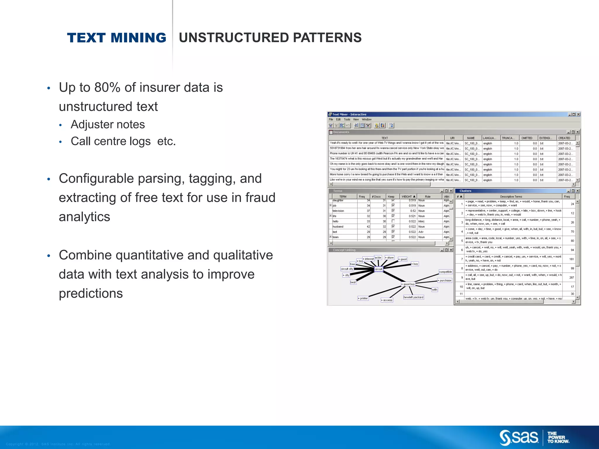 TEXT MINING UNSTRUCTURED PATTERNS


                                    •         Up to 80% of insurer data is
                                              unstructured text
                                              •          Adjuster notes
                                              •          Call centre logs etc.


                                    •         Configurable parsing, tagging, and
                                              extracting of free text for use in fraud
                                              analytics

                                    •         Combine quantitative and qualitative
                                              data with text analysis to improve
                                              predictions




C op yr i g h t © 2 0 1 2 , S A S I n s t i t u t e I n c . A l l r i g h t s r es er v e d .
 
