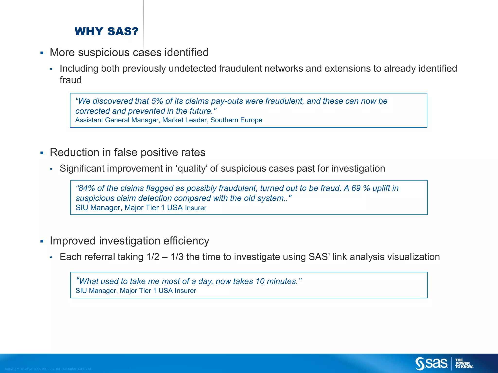 WHY SAS?
                                              More suspicious cases identified
                                               •          Including both previously undetected fraudulent networks and extensions to already identified
                                                          fraud

                                                                          “We discovered that 5% of its claims pay-outs were fraudulent, and these can now be
                                                                          corrected and prevented in the future."
                                                                          Assistant General Manager, Market Leader, Southern Europe



                                              Reduction in false positive rates
                                               •          Significant improvement in ‘quality’ of suspicious cases past for investigation
                                                                           “84% of the claims flagged as possibly fraudulent, turned out to be fraud. A 69 % uplift in
                                                                           suspicious claim detection compared with the old system.."
                                                                           SIU Manager, Major Tier 1 USA Insurer



                                              Improved investigation efficiency
                                               •          Each referral taking 1/2 – 1/3 the time to investigate using SAS’ link analysis visualization

                                                                           “What used to take me most of a day, now takes 10 minutes.’’
                                                                           SIU Manager, Major Tier 1 USA Insurer




C op yr i g h t © 2 0 1 2 , S A S I n s t i t u t e I n c . A l l r i g h t s r es er v e d .
 