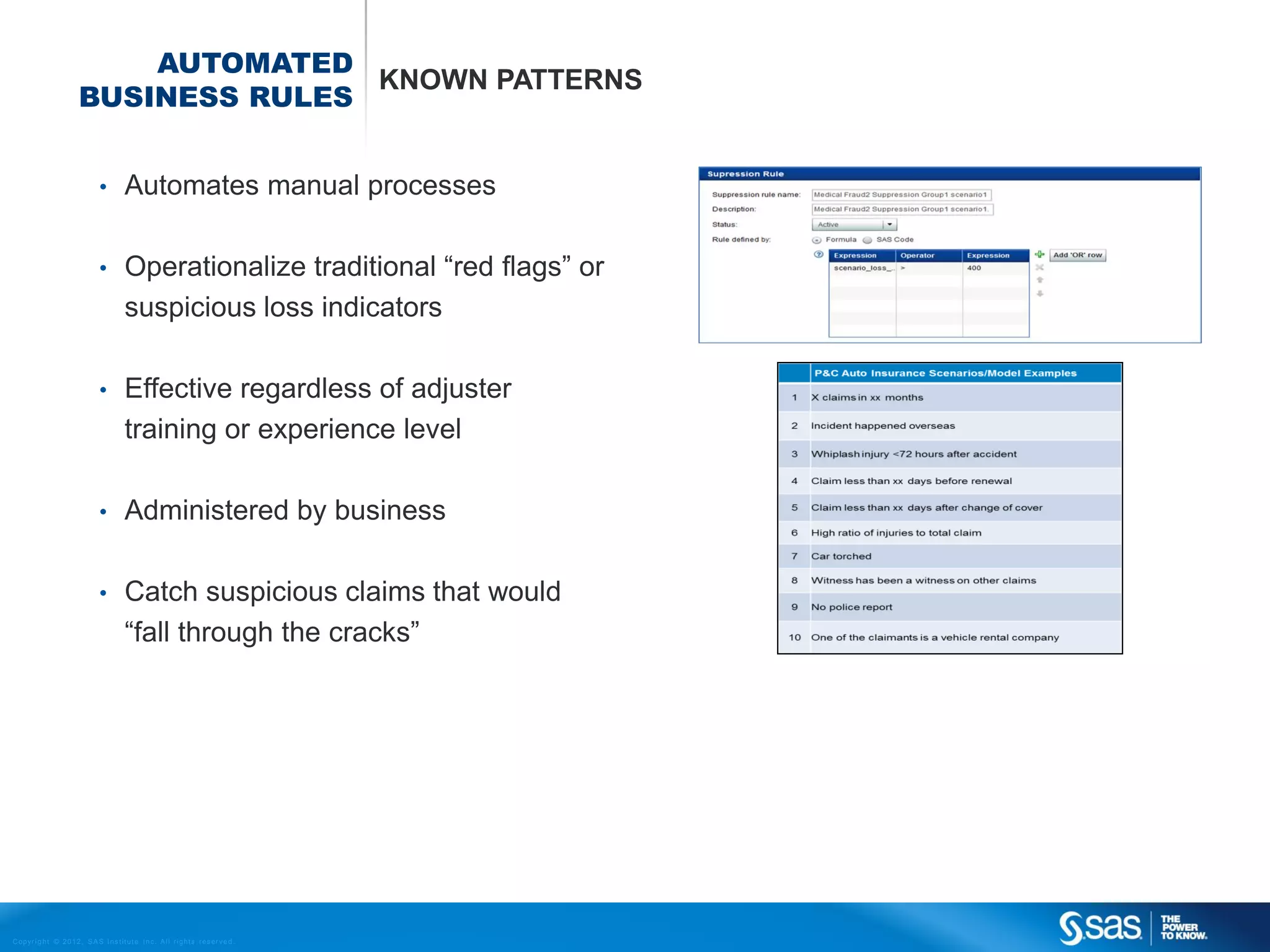 AUTOMATED
                                          KNOWN PATTERNS
                           BUSINESS RULES


                                    •         Automates manual processes

                                    •         Operationalize traditional “red flags” or
                                              suspicious loss indicators

                                    •         Effective regardless of adjuster
                                              training or experience level

                                    •         Administered by business

                                    •         Catch suspicious claims that would
                                              “fall through the cracks”




C op yr i g h t © 2 0 1 2 , S A S I n s t i t u t e I n c . A l l r i g h t s r es er v e d .
 