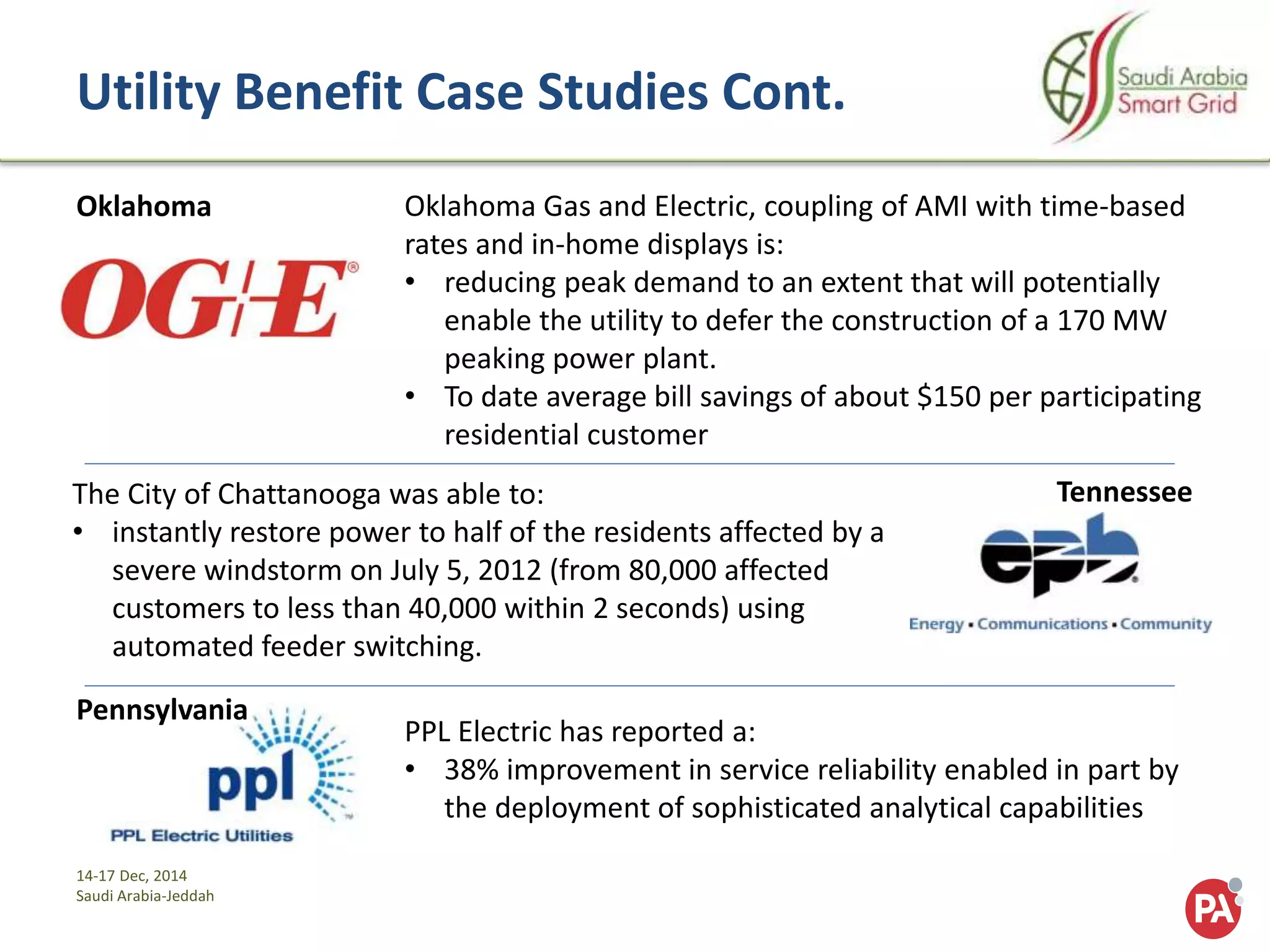 14-17 Dec, 2014
Saudi Arabia-Jeddah
Utility Benefit Case Studies Cont.
Oklahoma Gas and Electric, coupling of AMI with time-based
rates and in-home displays is:
• reducing peak demand to an extent that will potentially
enable the utility to defer the construction of a 170 MW
peaking power plant.
• To date average bill savings of about $150 per participating
residential customer
The City of Chattanooga was able to:
• instantly restore power to half of the residents affected by a
severe windstorm on July 5, 2012 (from 80,000 affected
customers to less than 40,000 within 2 seconds) using
automated feeder switching.
PPL Electric has reported a:
• 38% improvement in service reliability enabled in part by
the deployment of sophisticated analytical capabilities
Oklahoma
Tennessee
Pennsylvania
 