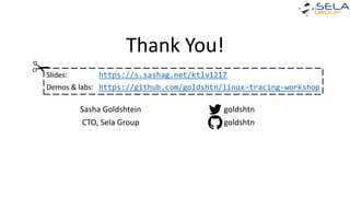 Thank You!
Slides: https://s.sashag.net/ktlv1217
Demos & labs: https://github.com/goldshtn/linux-tracing-workshop
✁
Sasha ...