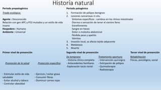 Historía natural
Periodo prepatogénico Periodo patogénico
Triada ecológica:
Agente : Desconocido
Relación con gen APC y P53 mutados y un estilo de vida
insano
Hospedero : Humano
Ambiente : Universal
1. Formación de pólipos benignos
2. Lesiones cancerosas in situ
Síntomas específicos : cambios en los ritmos intestinales
Diarrea o sensación de tener el vientre lleno
Estreñimiento
Sangre en heces
Dolor o molestia abdominal
Pérdida peso y apetito
Vómitos
3. Invasión local, se afecta tejido adyacente
4. Metástasis
5. Muerte
Primer nivel de prevención Segundo nivel de prevención Tercer nivel de prevención
Promoción de la salud Protección especifica
Dx temprano
- Historia clínica completa
- Antecedentes familiares
-Exploración tacto rectal
Tratamiento oportuno
- Intervención quirúrgica
- Extirpación de pólipos
- Quimioterapia
- Radioterapia
Rehabilitación
Físicas, psicológica, social
- Estimular estilo de vida
saludable
- Evitar alcohol y tabaco
- Controlar obesidad
- Ejercicio / evitar grasa
- Consumir fibras
- Disminuir carnes rojas
 