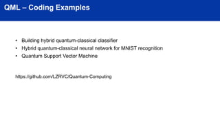 QML – Coding Examples
• Building hybrid quantum-classical classifier
• Hybrid quantum-classical neural network for MNIST r...