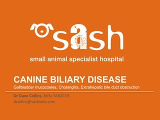 CANINE BILIARY DISEASE
Gallbladder mucocoeles, Cholangitis, Extrahepatic bile duct obstruction
Dr Dave Collins, BVSc FANZCVS
dcollins@sashvets.com
 