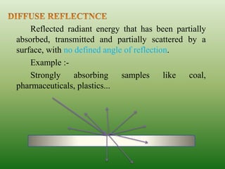 Reflected radiant energy that has been partially
absorbed, transmitted and partially scattered by a
surface, with no defined angle of reflection.
Example :-
Strongly absorbing samples like coal,
pharmaceuticals, plastics...
 