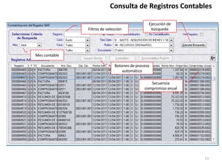 Secuencia
compromiso anual
Filtros de selección
Mes contable
Botones de proceso
automático
Ejecución de
búsqueda
Consulta de Registros Contables
13
 
