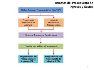 Formatos del Presupuesto de
Ingresos y Gastos
Módulo Procesos Presupuestarios (SIAF-SP)
Presupuesto
Institucional de
Apertura
Notas de
Modificación
Presupuestaria
Conciliación del Marco Presupuestal
Programación del
Presupuesto de
Ingresos (PP1)
Programación del
Presupuesto de
Gastos (PP2)
Hojas de Trabajos de Resoluciones
20
 
