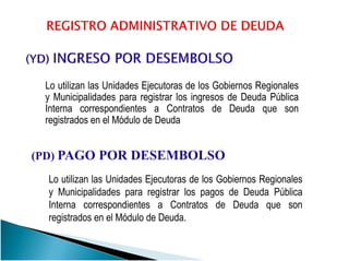 Lo utilizan las Unidades Ejecutoras de los Gobiernos Regionales
y Municipalidades para registrar los ingresos de Deuda Pública
Interna correspondientes a Contratos de Deuda que son
registrados en el Módulo de Deuda
(PD) PAGO POR DESEMBOLSO
Lo utilizan las Unidades Ejecutoras de los Gobiernos Regionales
y Municipalidades para registrar los pagos de Deuda Pública
Interna correspondientes a Contratos de Deuda que son
registrados en el Módulo de Deuda.
 