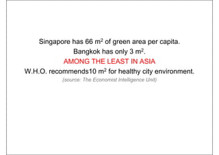 Singapore has 66 m2 of green area per capita.
Bangkok has only 3 m2.
AMONG THE LEAST IN ASIA
W.H.O. recommends10 m2 for healthy city environment.
(source: The Economist Intelligence Unit)
 