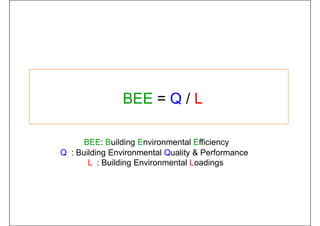 BEE = Q / L
BEE: Building Environmental Efficiency
Q : Building Environmental Quality & Performance
L : Building Environmental Loadings
 