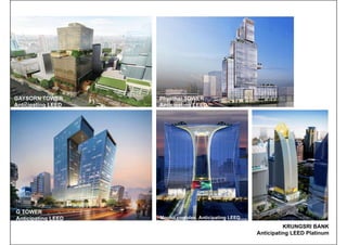 GAYSORN TOWER
Anticipating LEED
Gold
G TOWER
Anticipating LEED
Gold
Phyathai TOWER
Anticipating LEED
Gold
Mochit complex. Anticipating LEED
Gold
KRUNGSRI BANK
Anticipating LEED Platinum
 