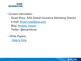 MORE
                                                INFORMATION



                                       •          Contact information:
                                                   Stuart Rose, SAS Global Insurance Marketing Director
                                                   e-mail: Stuart.rose@sas.com
                                                   Blog: Analytic Insurer
                                                   Twitter: @stuartdrose

                                              •         White Papers:
                                                         Data is King




C op yr i g h t © 2 0 1 2 , S A S I n s t i t u t e I n c . A l l r i g h t s r es er v e d .
 