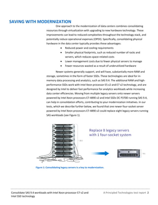 A Principled Technologies test report 2Consolidate SAS 9.4 workloads with Intel Xeon processor E7 v2 and
Intel SSD technology
SAVING WITH MODERNIZATION
One approach to the modernization of data centers combines consolidating
resources through virtualization with upgrading to new hardware technology. These
improvements can lead to reduced complexities throughout the technology stack, and
potentially reduce operational expenses (OPEX). Specifically, consolidating physical
hardware in the data center typically provides these advantages:
 Reduced power and cooling requirements
 Smaller physical footprints, such as reduced number of racks and
servers, which reduces space-related costs
 Lower management costs due to fewer physical servers to manage
 Fewer resources wasted as a result of underutilized hardware
Newer systems generally support, and will have, substantially more RAM and
storage, sometimes in the form of faster SSDs. These technologies are ideal for in-
memory data processing and analytics, such as SAS 9.4. The additional RAM and high-
performance SSDs work with Intel Xeon processor E5 v2 and E7 v2 technology, and are
designed by Intel to deliver fast performance for analytics workloads while increasing
data center efficiencies. Moving from multiple legacy servers onto newer servers
powered by Intel Xeon processors E7-4890 v2 and Intel SSDs DC P3700 running SAS 9.4,
can help in consolidation efforts, contributing to your modernization initiatives. In our
tests, which we describe further below, we found that one newer four-socket server
powered by Intel Xeon processors E7-4890 v2 could replace eight legacy servers running
SAS workloads (see Figure 1).
Figure 1: Consolidating legacy servers is a key to modernization.
 