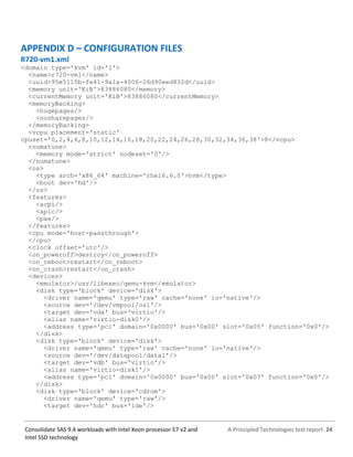 A Principled Technologies test report 24Consolidate SAS 9.4 workloads with Intel Xeon processor E7 v2 and
Intel SSD technology
APPENDIX D – CONFIGURATION FILES
R720-vm1.xml
<domain type='kvm' id='1'>
<name>r720-vm1</name>
<uuid>95e5115b-fe41-9a1a-4006-26d90eed832d</uuid>
<memory unit='KiB'>83886080</memory>
<currentMemory unit='KiB'>83886080</currentMemory>
<memoryBacking>
<hugepages/>
<nosharepages/>
</memoryBacking>
<vcpu placement='static'
cpuset='0,2,4,6,8,10,12,14,16,18,20,22,24,26,28,30,32,34,36,38'>8</vcpu>
<numatune>
<memory mode='strict' nodeset='0'/>
</numatune>
<os>
<type arch='x86_64' machine='rhel6.6.0'>hvm</type>
<boot dev='hd'/>
</os>
<features>
<acpi/>
<apic/>
<pae/>
</features>
<cpu mode='host-passthrough'>
</cpu>
<clock offset='utc'/>
<on_poweroff>destroy</on_poweroff>
<on_reboot>restart</on_reboot>
<on_crash>restart</on_crash>
<devices>
<emulator>/usr/libexec/qemu-kvm</emulator>
<disk type='block' device='disk'>
<driver name='qemu' type='raw' cache='none' io='native'/>
<source dev='/dev/vmpool/os1'/>
<target dev='vda' bus='virtio'/>
<alias name='virtio-disk0'/>
<address type='pci' domain='0x0000' bus='0x00' slot='0x05' function='0x0'/>
</disk>
<disk type='block' device='disk'>
<driver name='qemu' type='raw' cache='none' io='native'/>
<source dev='/dev/datapool/data1'/>
<target dev='vdb' bus='virtio'/>
<alias name='virtio-disk1'/>
<address type='pci' domain='0x0000' bus='0x00' slot='0x07' function='0x0'/>
</disk>
<disk type='block' device='cdrom'>
<driver name='qemu' type='raw'/>
<target dev='hdc' bus='ide'/>
 