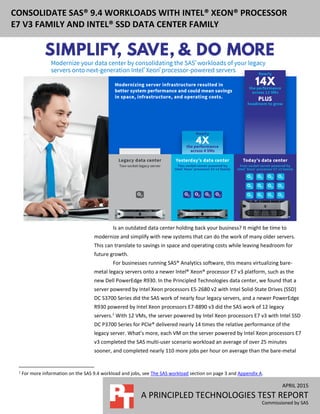 APRIL 2015
A PRINCIPLED TECHNOLOGIES TEST REPORT
Commissioned by SAS
CONSOLIDATE SAS® 9.4 WORKLOADS WITH INTEL® XEON® PROCESSOR
E7 V3 FAMILY AND INTEL® SSD DATA CENTER FAMILY
Is an outdated data center holding back your business? It might be time to
modernize and simplify with new systems that can do the work of many older servers.
This can translate to savings in space and operating costs while leaving headroom for
future growth.
For businesses running SAS® Analytics software, this means virtualizing bare-
metal legacy servers onto a newer Intel® Xeon® processor E7 v3 platform, such as the
new Dell PowerEdge R930. In the Principled Technologies data center, we found that a
server powered by Intel Xeon processors E5-2680 v2 with Intel Solid-State Drives (SSD)
DC S3700 Series did the SAS work of nearly four legacy servers, and a newer PowerEdge
R930 powered by Intel Xeon processors E7-8890 v3 did the SAS work of 12 legacy
servers.1
With 12 VMs, the server powered by Intel Xeon processors E7 v3 with Intel SSD
DC P3700 Series for PCIe® delivered nearly 14 times the relative performance of the
legacy server. What’s more, each VM on the server powered by Intel Xeon processors E7
v3 completed the SAS multi-user scenario workload an average of over 25 minutes
sooner, and completed nearly 110 more jobs per hour on average than the bare-metal
1
For more information on the SAS 9.4 workload and jobs, see The SAS workload section on page 3 and Appendix A.
 