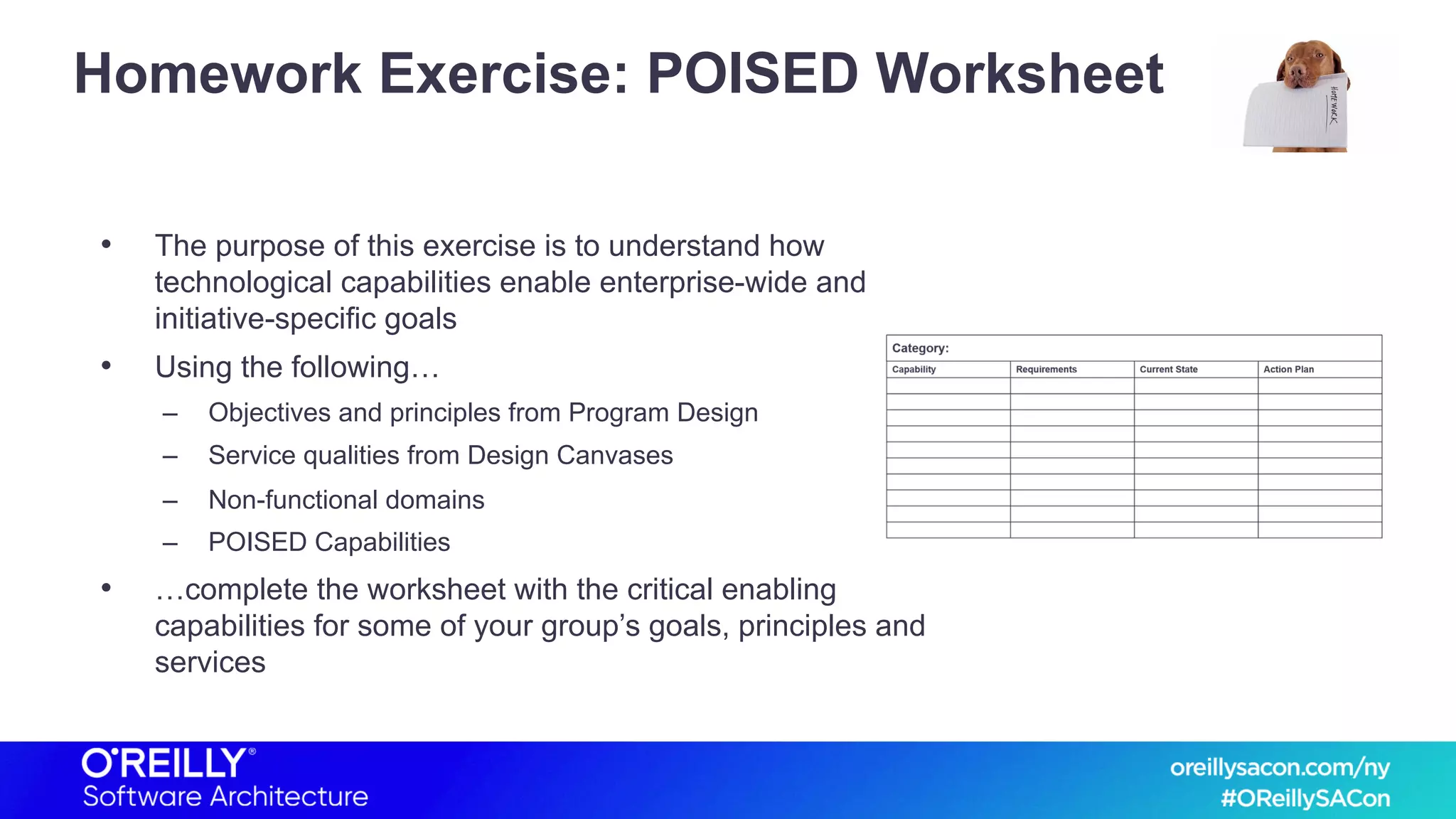 Homework Exercise: POISED Worksheet
• The purpose of this exercise is to understand how
technological capabilities enable enterprise-wide and
initiative-specific goals
• Using the following…
– Objectives and principles from Program Design
– Service qualities from Design Canvases
– Non-functional domains
– POISED Capabilities
• …complete the worksheet with the critical enabling
capabilities for some of your group’s goals, principles and
services
 