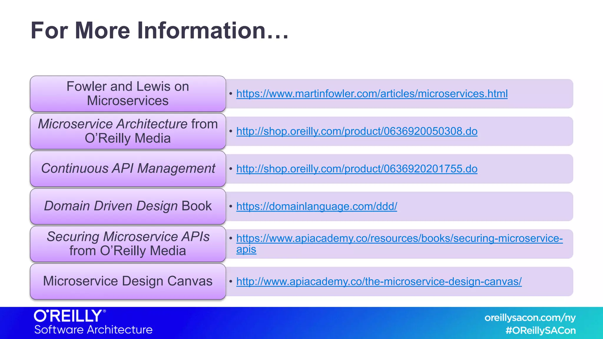 For More Information…
• https://www.martinfowler.com/articles/microservices.html
Fowler and Lewis on
Microservices
• http://shop.oreilly.com/product/0636920050308.do
Microservice Architecture from
O’Reilly Media
• http://shop.oreilly.com/product/0636920201755.doContinuous API Management
• https://domainlanguage.com/ddd/Domain Driven Design Book
• https://www.apiacademy.co/resources/books/securing-microservice-
apis
Securing Microservice APIs
from O’Reilly Media
• http://www.apiacademy.co/the-microservice-design-canvas/Microservice Design Canvas
 