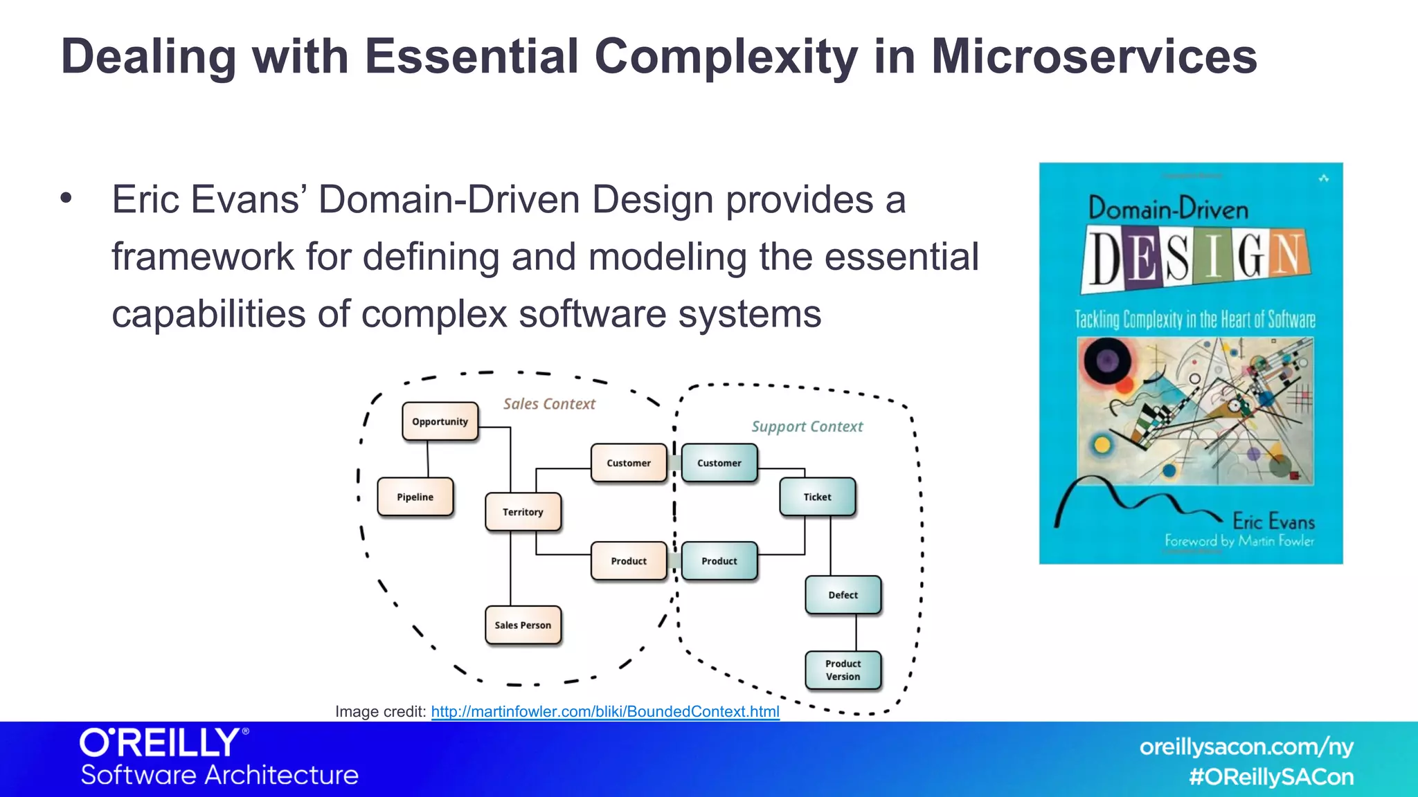 Dealing with Essential Complexity in Microservices
• Eric Evans’ Domain-Driven Design provides a
framework for defining and modeling the essential
capabilities of complex software systems
Image credit: http://martinfowler.com/bliki/BoundedContext.html
 