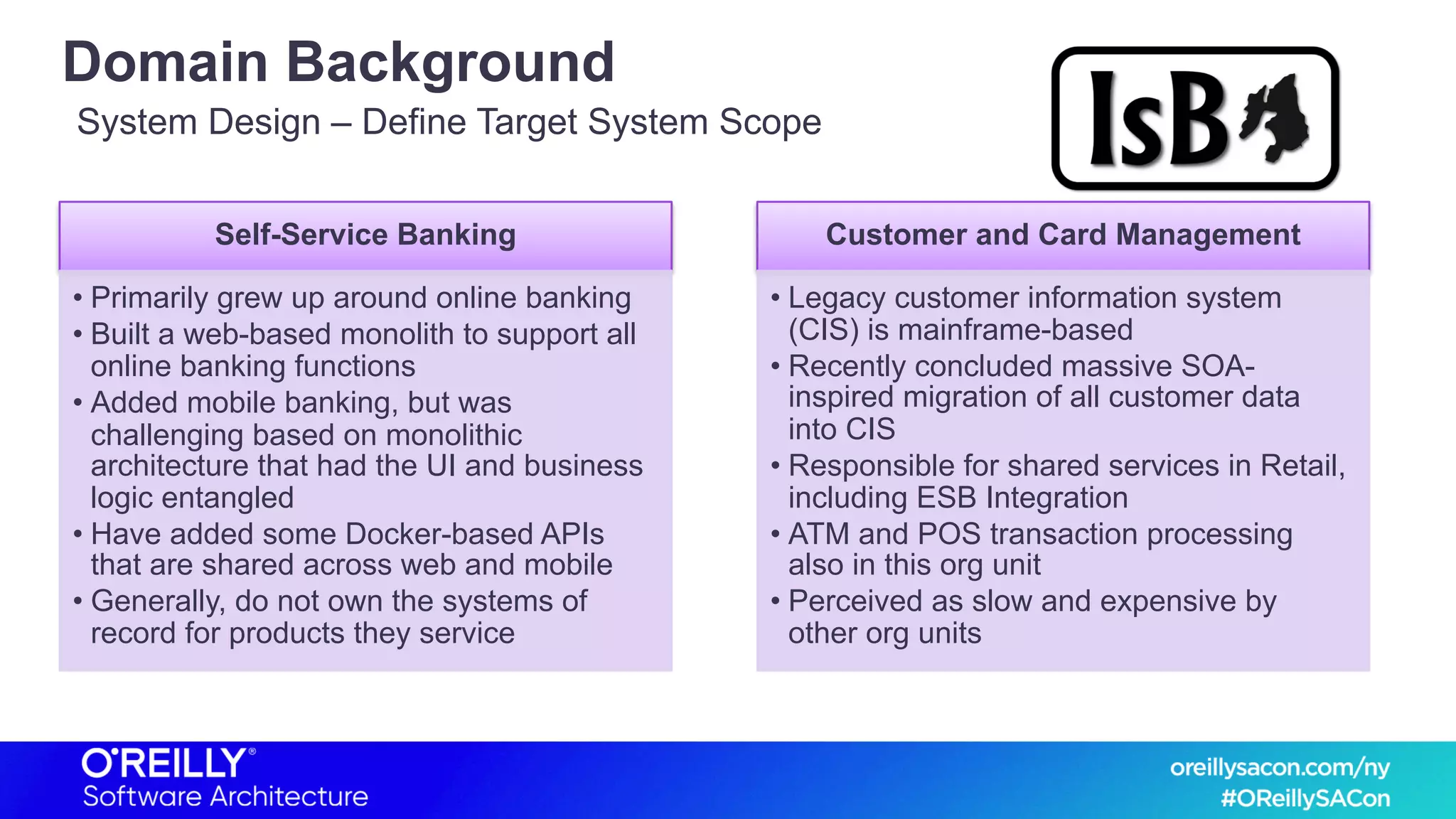 Domain Background
Self-Service Banking
• Primarily grew up around online banking
• Built a web-based monolith to support all
online banking functions
• Added mobile banking, but was
challenging based on monolithic
architecture that had the UI and business
logic entangled
• Have added some Docker-based APIs
that are shared across web and mobile
• Generally, do not own the systems of
record for products they service
Customer and Card Management
• Legacy customer information system
(CIS) is mainframe-based
• Recently concluded massive SOA-
inspired migration of all customer data
into CIS
• Responsible for shared services in Retail,
including ESB Integration
• ATM and POS transaction processing
also in this org unit
• Perceived as slow and expensive by
other org units
System Design – Define Target System Scope
 