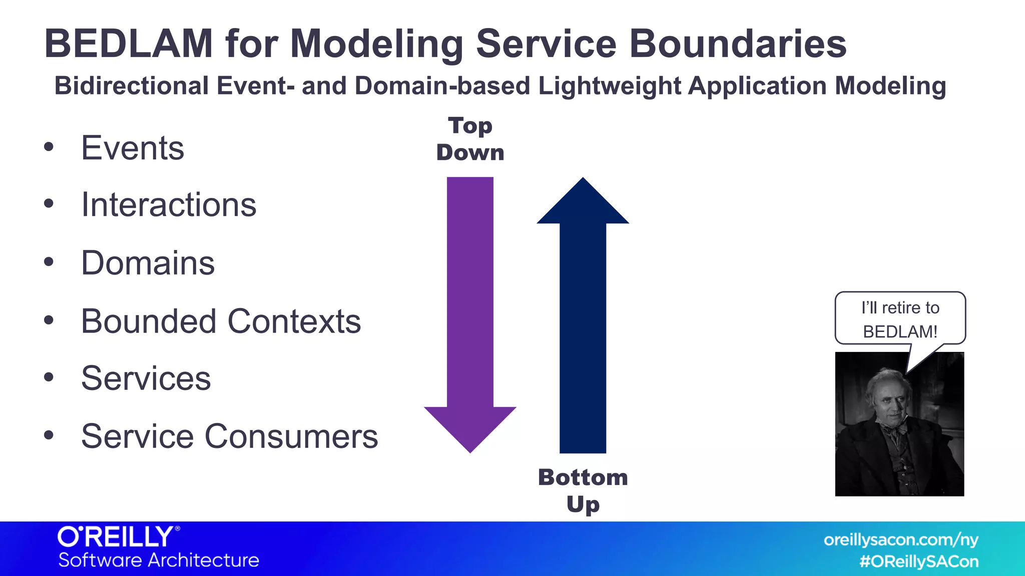 BEDLAM for Modeling Service Boundaries
• Events
• Interactions
• Domains
• Bounded Contexts
• Services
• Service Consumers
Bidirectional Event- and Domain-based Lightweight Application Modeling
I’ll retire to
BEDLAM!
Top
Down
Bottom
Up
 