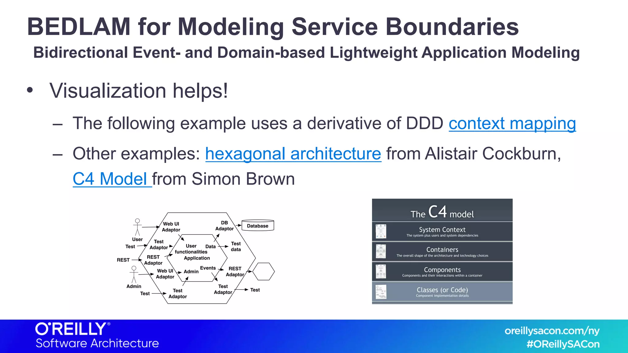 BEDLAM for Modeling Service Boundaries
• Visualization helps!
– The following example uses a derivative of DDD context mapping
– Other examples: hexagonal architecture from Alistair Cockburn,
C4 Model from Simon Brown
Bidirectional Event- and Domain-based Lightweight Application Modeling
 